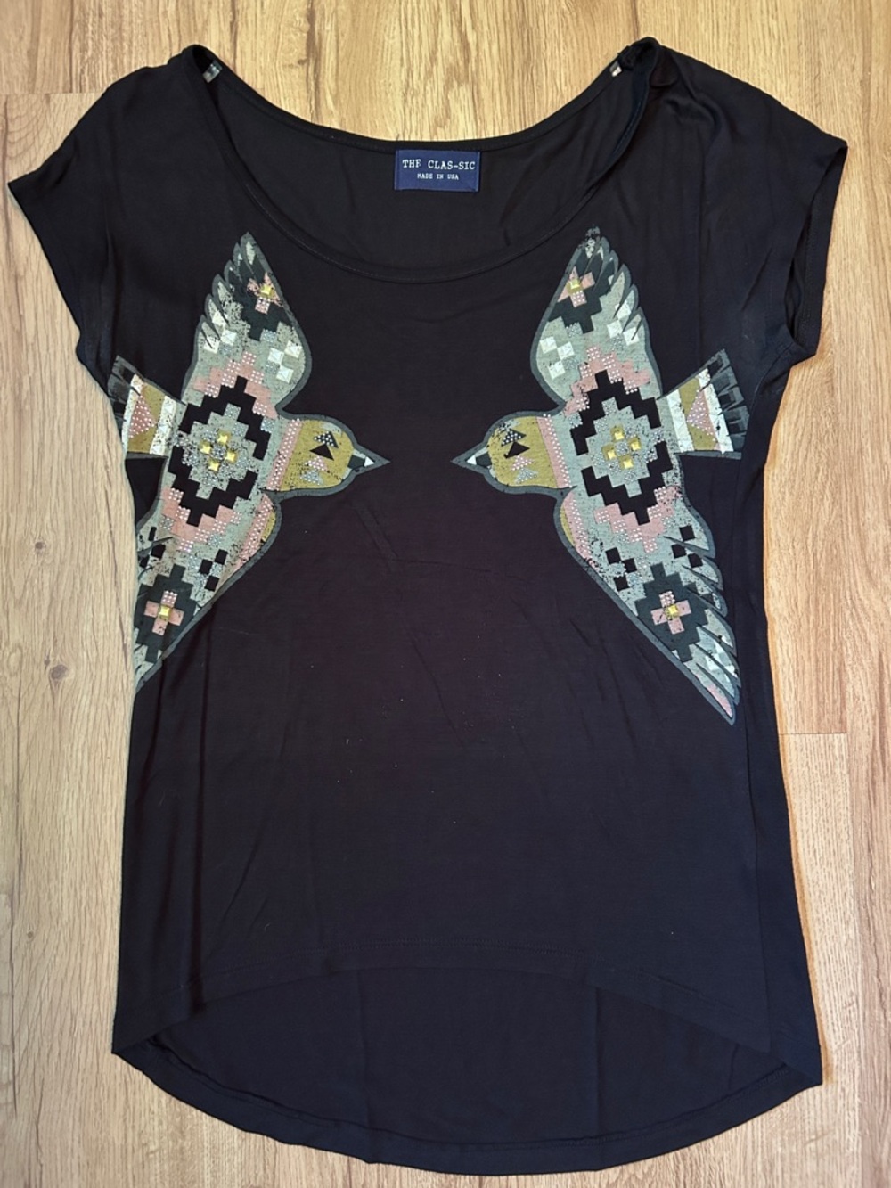 The Classic Small Black Short Sleeve Tee with Birds Graphic